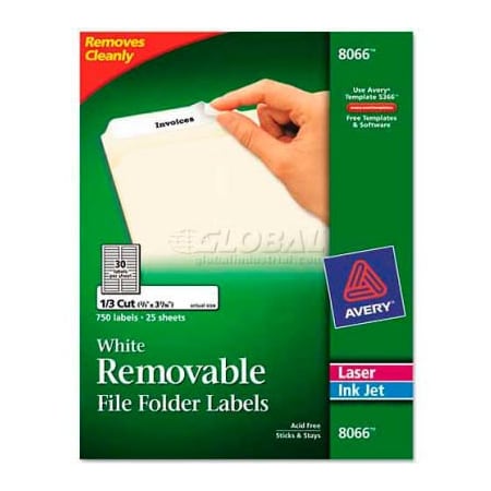 Avery Dennison Avery Removable Inkjet/Laser Filing Labels, 2/3 x 3-7/16, White, 750/Pack 8066